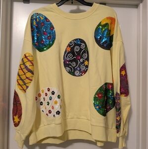 NWOT Queen of Sparkles Easter Egg Yellow Sweater Sequins Medium
